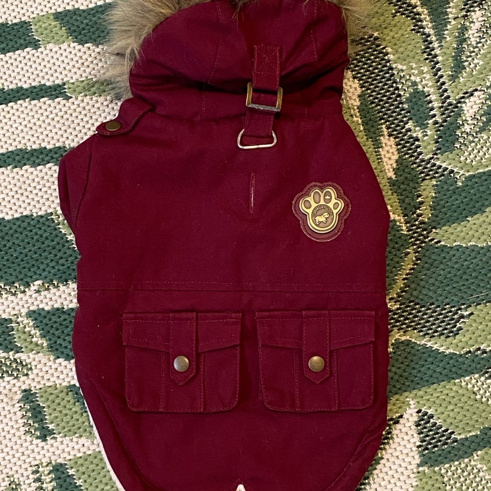 CANADA POOCH-Burgundy Dog Jacket with Faux Fur Hood, like new